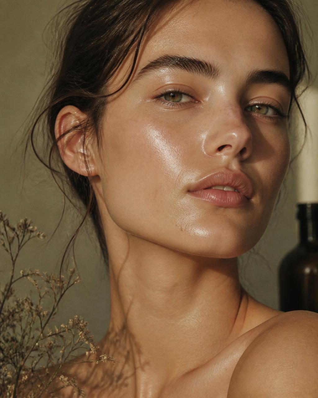 Close-up of healthy, glowing skin in natural light